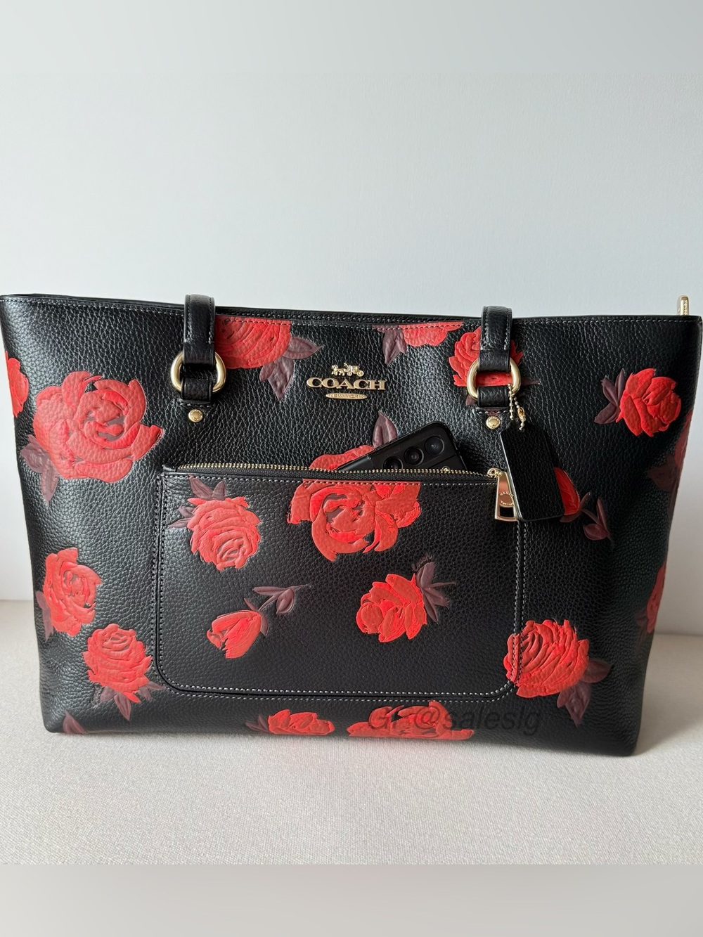 NWT Coach Black/Gold Station Tote Red Flower multiple pockets CCE23 - Picture 10 of 14